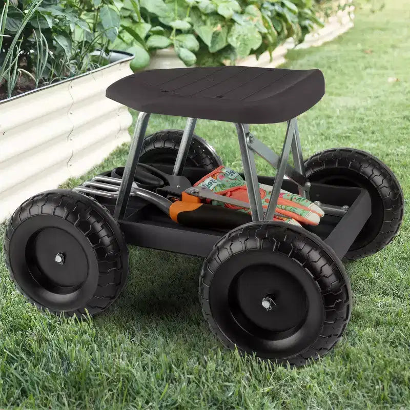 Chariot de jardin à roulettes Siège de jardinage avec roues et plateau à outils
