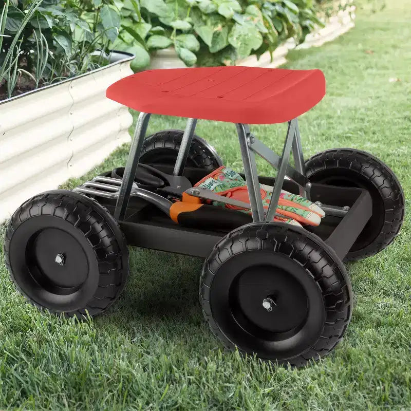 Chariot de jardin à roulettes Siège de jardinage avec roues et plateau à outils