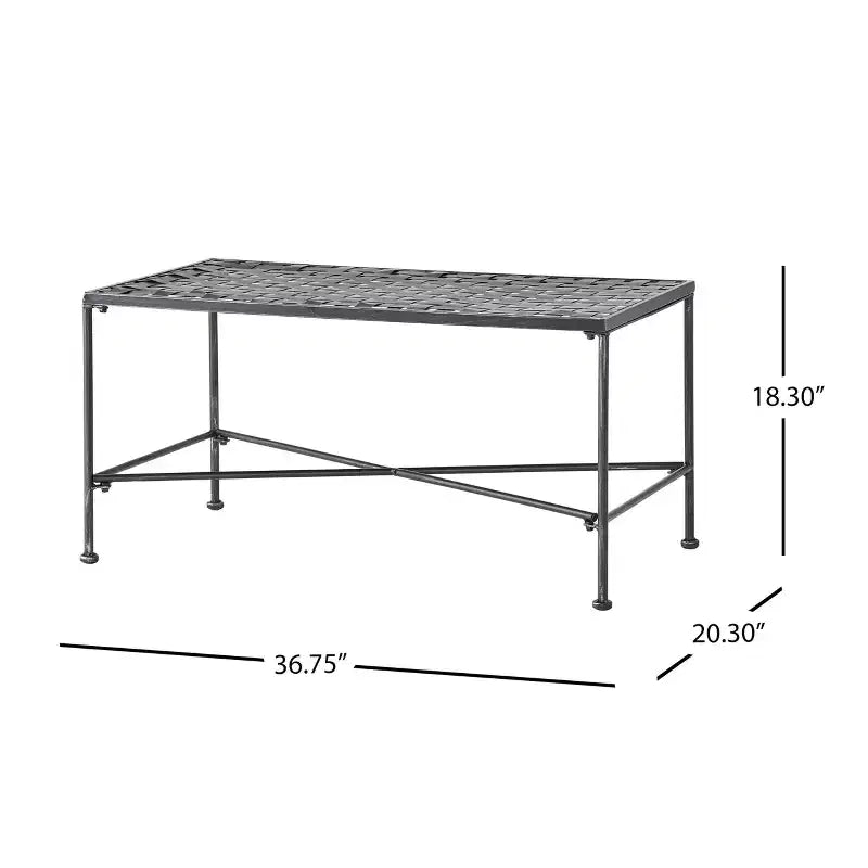 Table basse d'extérieur élégante en fer avec plateau en treillis métallique, noir brossé argenté