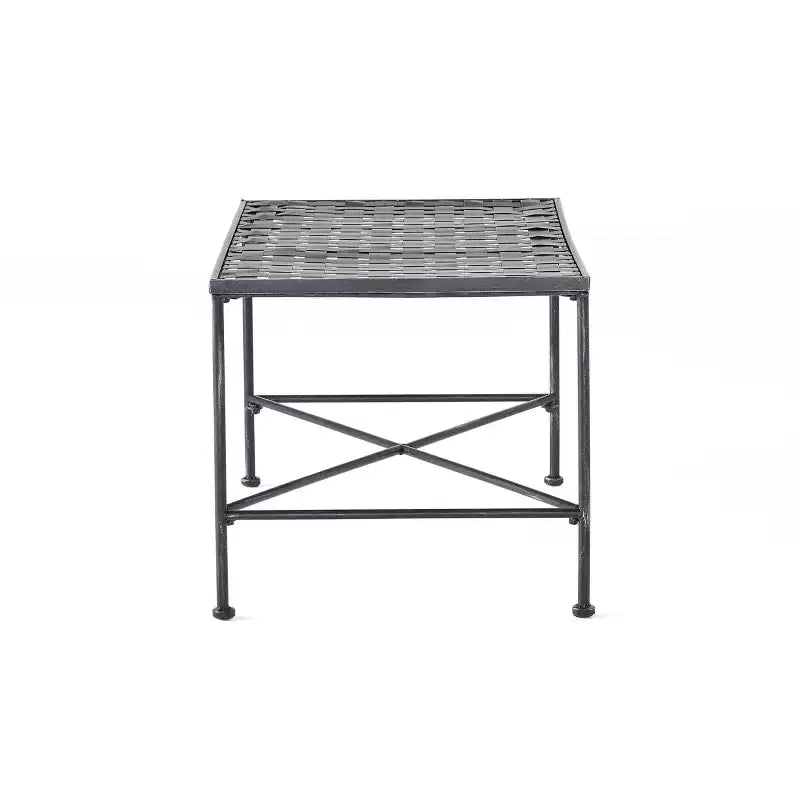 Table basse d'extérieur élégante en fer avec plateau en treillis métallique, noir brossé argenté