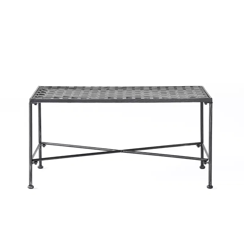 Table basse d'extérieur élégante en fer avec plateau en treillis métallique, noir brossé argenté