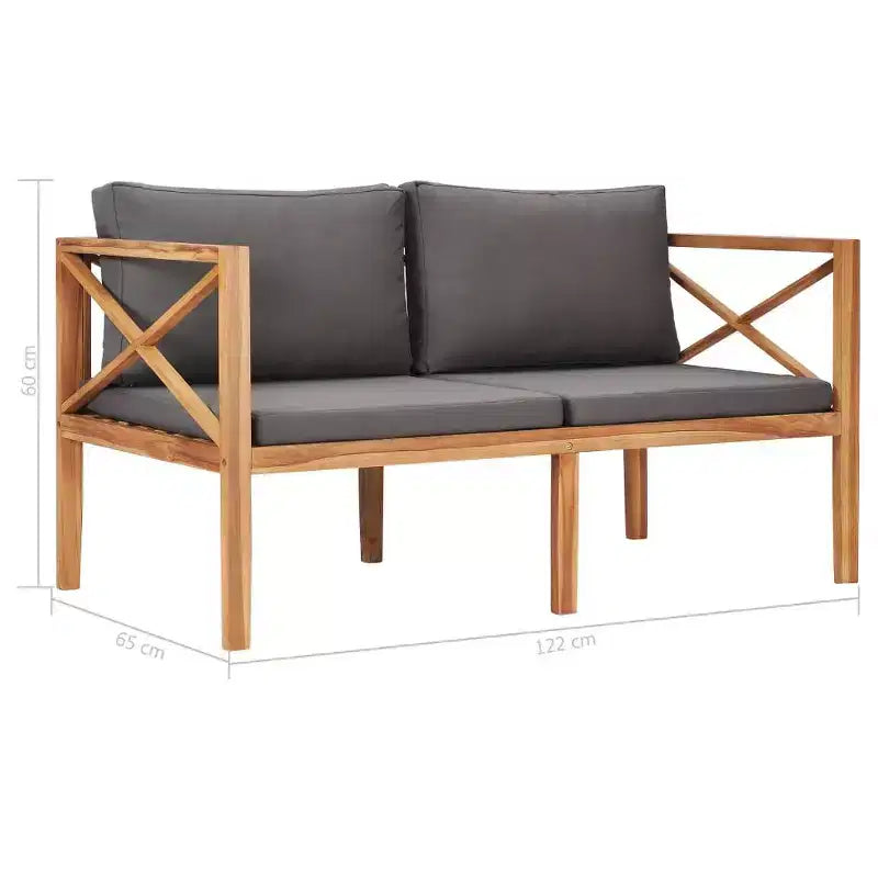 Banc de patio à deux places, causeuse, canapé avec coussins en bois massif de teck