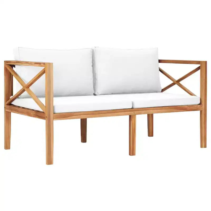 Banc de patio à deux places, causeuse, canapé avec coussins en bois massif de teck
