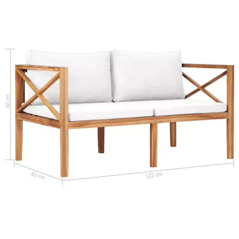 Banc de patio à deux places, causeuse, canapé avec coussins en bois massif de teck