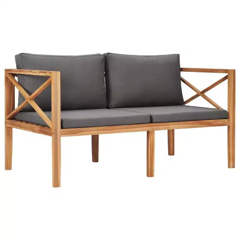 Banc de patio à deux places, causeuse, canapé avec coussins en bois massif de teck