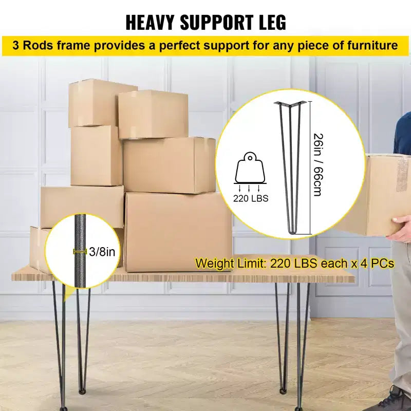 Pieds de table épingles à cheveux 26 pouces, pieds de bureau noirs, capacité de charge de 400 kg (220 livres chacun), pieds de bureau épingles à cheveux 3 tiges, acier au carbone, noir