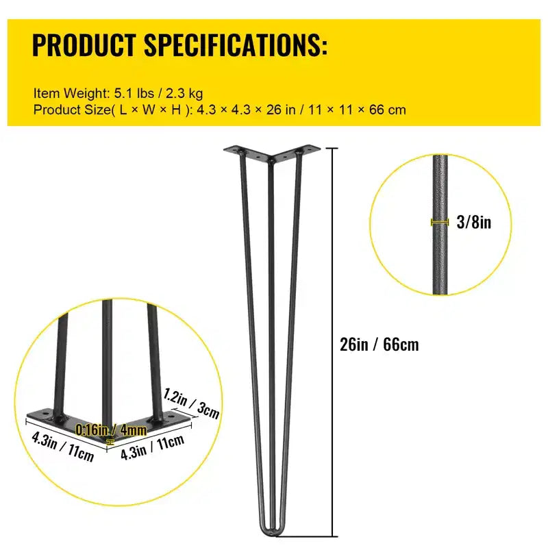 Pieds de table épingles à cheveux 26 pouces, pieds de bureau noirs, capacité de charge de 400 kg (220 livres chacun), pieds de bureau épingles à cheveux 3 tiges, acier au carbone, noir