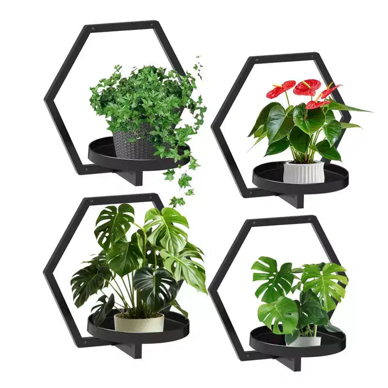 4-Pack Black Geometric Wall Planters C 14x12 Metal Hexagon Hanging Shelves for Indoor/Outdoor Decor in Living Room & Bedroom