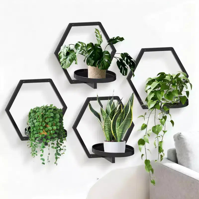 Jardinières murales géométriques noires C 14x12 – Étagères suspendues hexagonales en métal pour décoration intérieure/extérieure de salon et de chambre