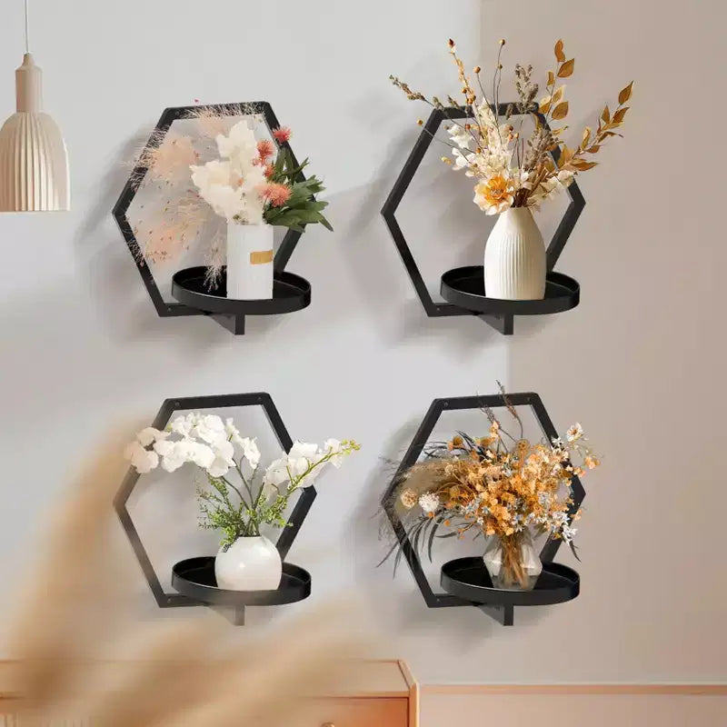 Jardinières murales géométriques noires C 14x12 – Étagères suspendues hexagonales en métal pour décoration intérieure/extérieure de salon et de chambre