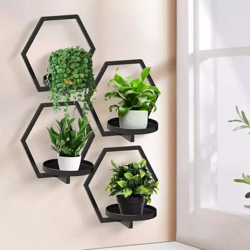 Jardinières murales géométriques noires C 14x12 – Étagères suspendues hexagonales en métal pour décoration intérieure/extérieure de salon et de chambre