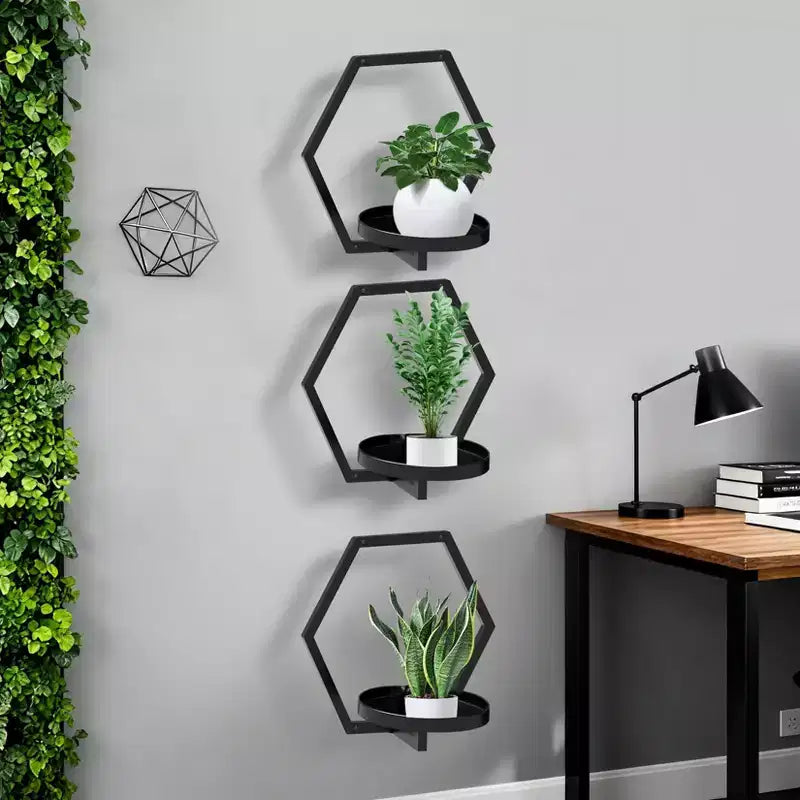 Jardinières murales géométriques noires C 14x12 – Étagères suspendues hexagonales en métal pour décoration intérieure/extérieure de salon et de chambre