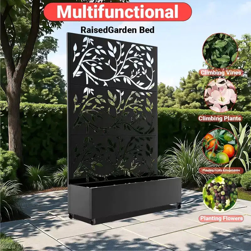 Jardinière d'intimité avec écran, clôture de jardin extérieure à 3 panneaux de 183 cm (h) x 119 cm (l) avec bac surélevé intégré pour plantes grimpantes et légumes