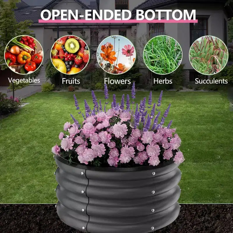 Jardinières surélevées galvanisées d'extérieur, jardinières rondes en métal, bacs robustes pour fleurs, herbes, légumes, fond ouvert, montage rapide
