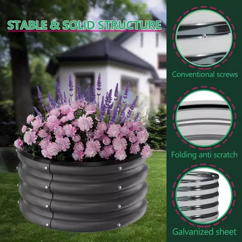 Jardinières surélevées galvanisées d'extérieur, jardinières rondes en métal, bacs robustes pour fleurs, herbes, légumes, fond ouvert, montage rapide