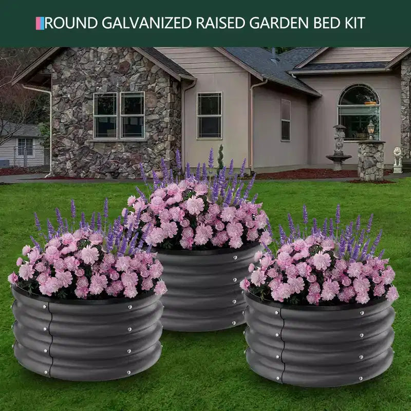 Jardinières surélevées galvanisées d'extérieur, jardinières rondes en métal, bacs robustes pour fleurs, herbes, légumes, fond ouvert, montage rapide