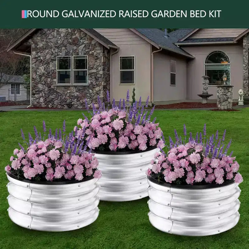 Jardinières surélevées galvanisées d'extérieur, jardinières rondes en métal, bacs robustes pour fleurs, herbes, légumes, fond ouvert, montage rapide