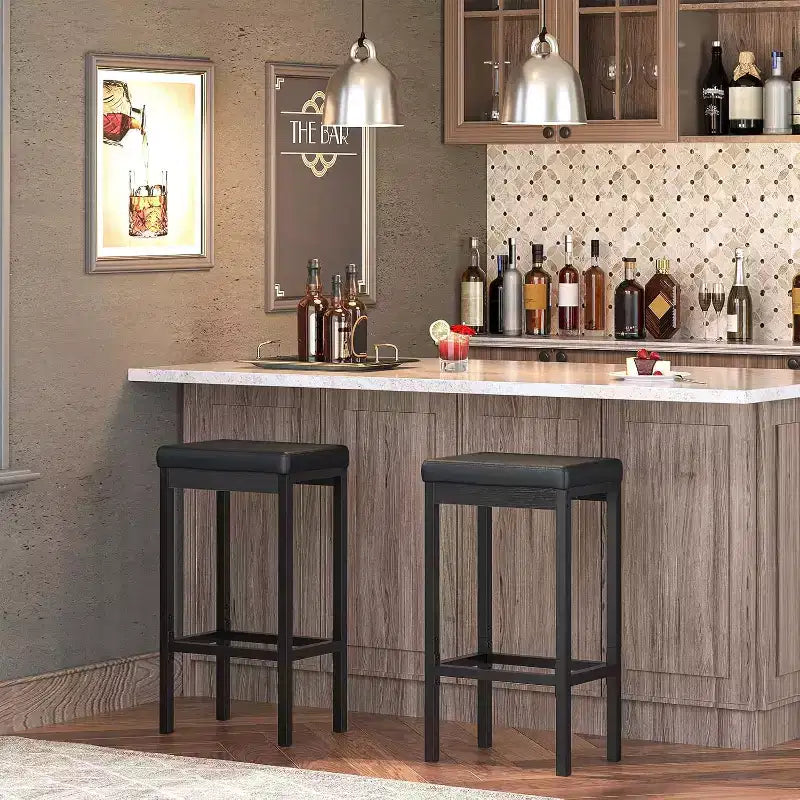 ACOINEL Bar Stools Set of 2, 24.8-Inch Breakfast Bar Chairs, Kitchen Stools with 2 Thick PU Upholstery, Black Bar Counter Stools