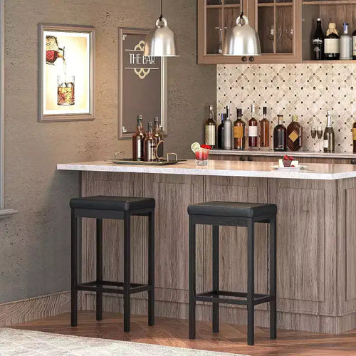 ACOINEL Bar Stools Set of 2, 24.8-Inch Breakfast Bar Chairs, Kitchen Stools with 2 Thick PU Upholstery, Black Bar Counter Stools