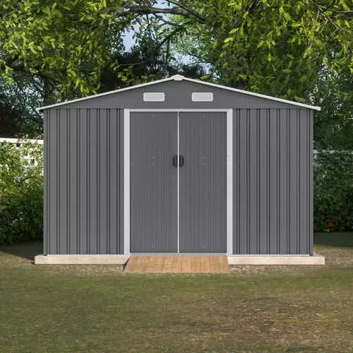 EAGLE PEAK 10X8 FT Outdoor Storage Shed, Durable Metal Garden Shed with Lockable Sliding Door for Garden, Patio, Backyard, Lawn, Grey