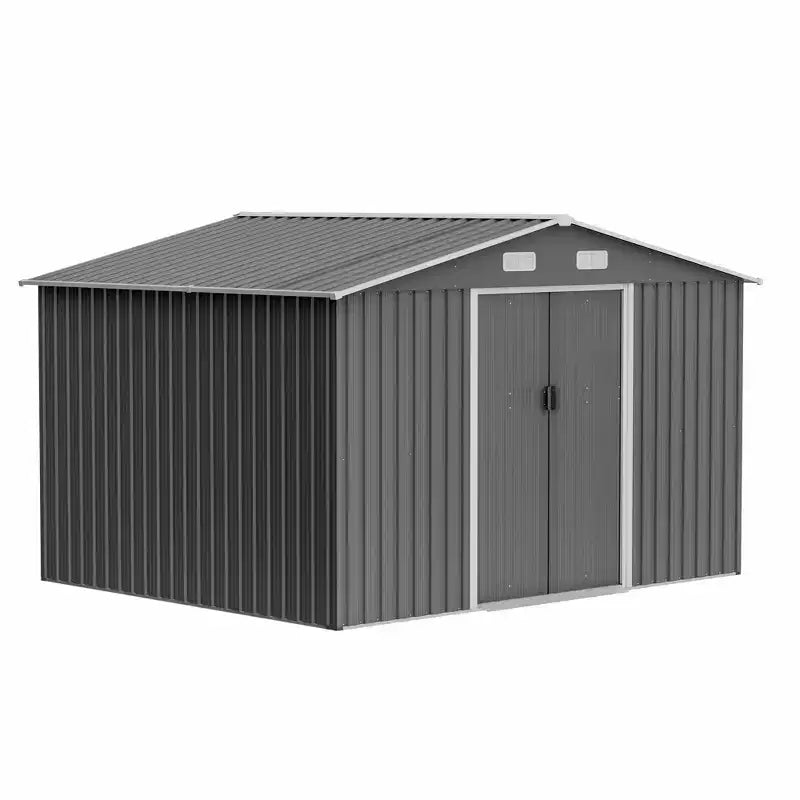 Abri de jardin extérieur 10X8 FT, abri de jardin en métal durable avec porte coulissante verrouillable pour jardin, patio, cour, pelouse, gris