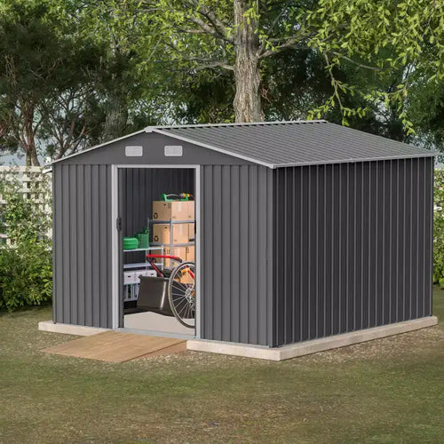Abri de jardin extérieur 10X8 FT, abri de jardin en métal durable avec porte coulissante verrouillable pour jardin, patio, cour, pelouse, gris