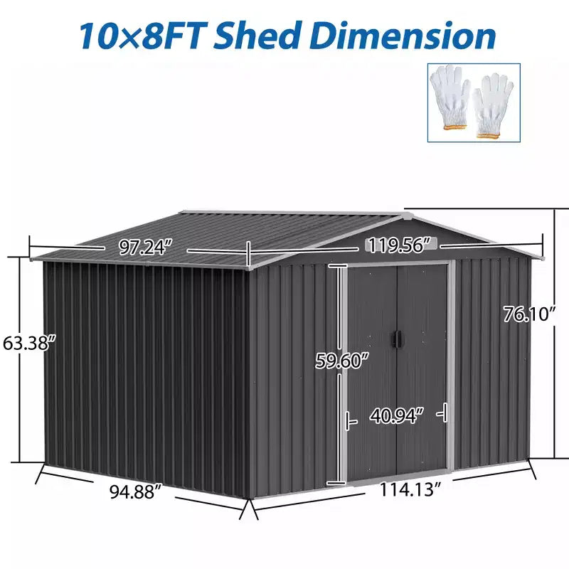 Abri de jardin extérieur 10X8 FT, abri de jardin en métal durable avec porte coulissante verrouillable pour jardin, patio, cour, pelouse, gris