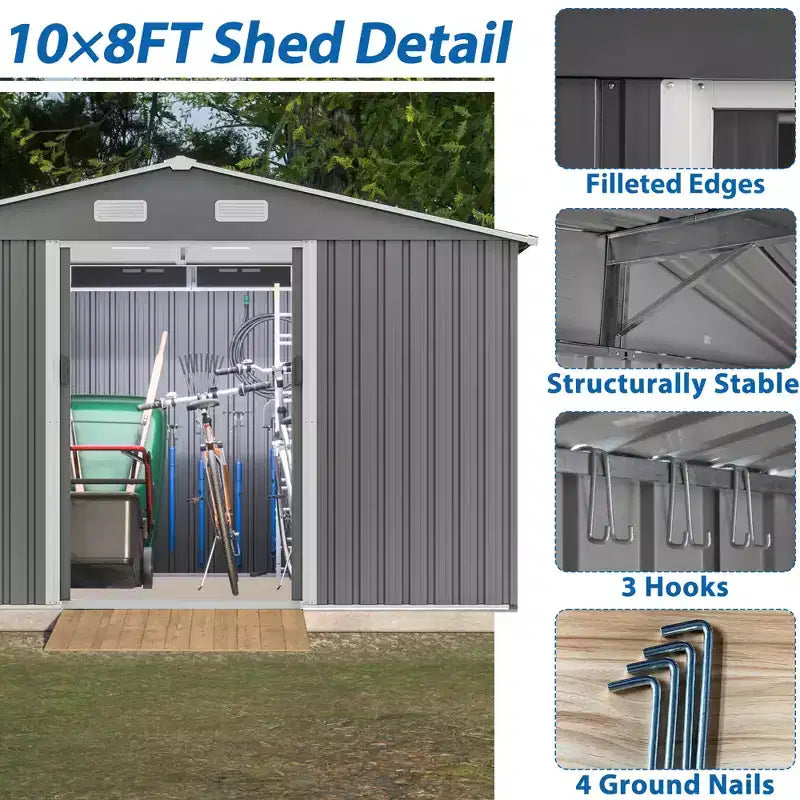 Abri de jardin extérieur 10X8 FT, abri de jardin en métal durable avec porte coulissante verrouillable pour jardin, patio, cour, pelouse, gris