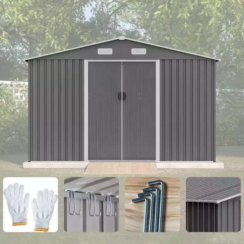 Abri de jardin extérieur 10X8 FT, abri de jardin en métal durable avec porte coulissante verrouillable pour jardin, patio, cour, pelouse, gris