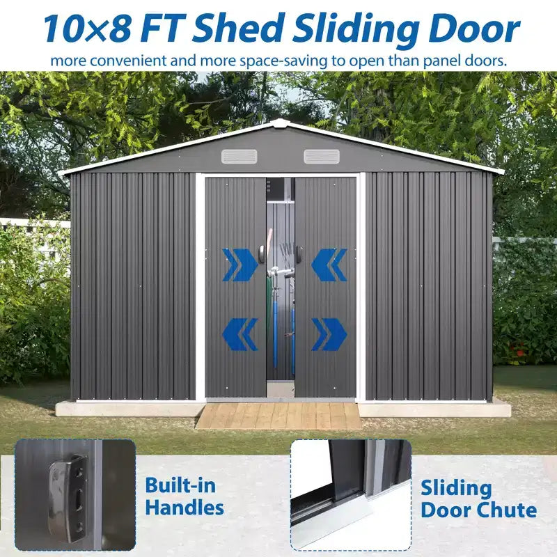 Abri de jardin extérieur 10X8 FT, abri de jardin en métal durable avec porte coulissante verrouillable pour jardin, patio, cour, pelouse, gris