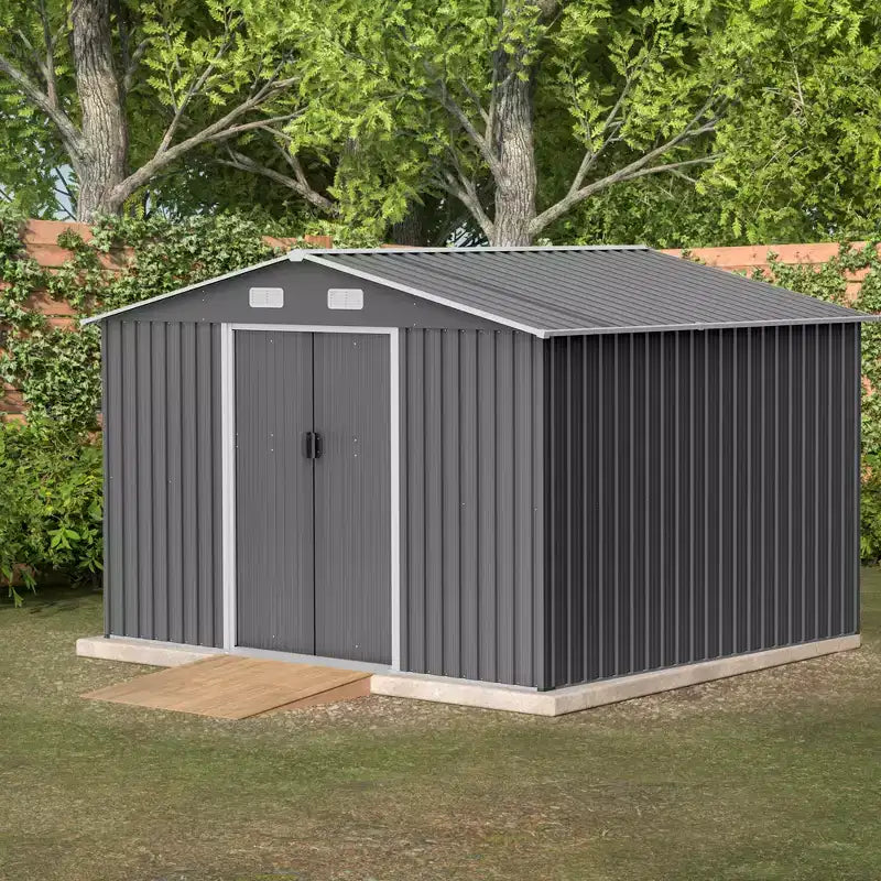 Abri de jardin extérieur 10X8 FT, abri de jardin en métal durable avec porte coulissante verrouillable pour jardin, patio, cour, pelouse, gris
