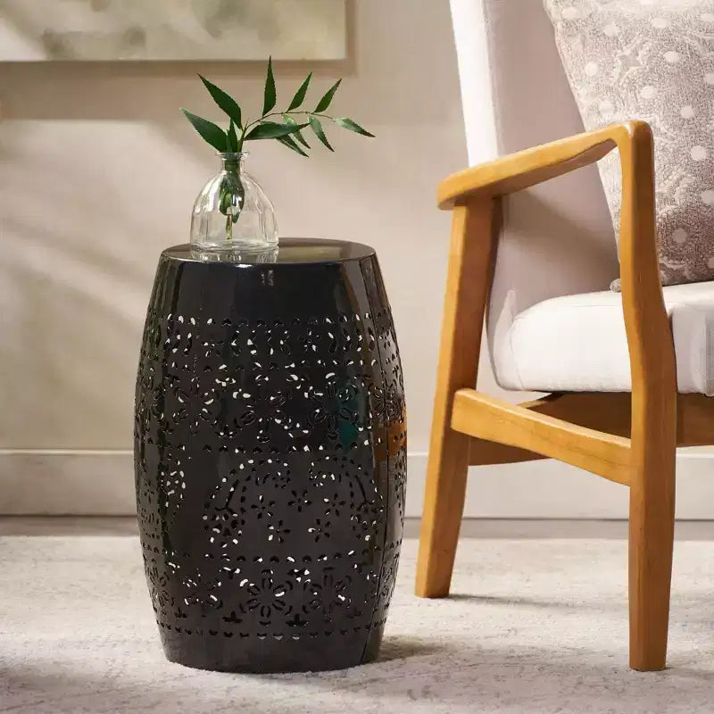NAYSAYE Lace Cut Metal Side Table Barrel Shape Accent End Table for Patio Garden Living Room Backyard, Black, 12.25*12.25*18