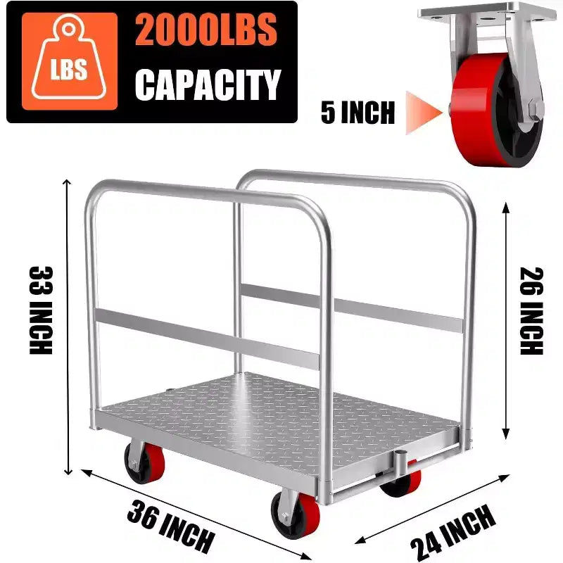 Chariot de transport 2-en-1, Diable en acier robuste de 1134 kg, Chariot de panneau 91x61 cm avec mains courantes 3/4 et roulettes pivotantes en caoutchouc pour le déménagement