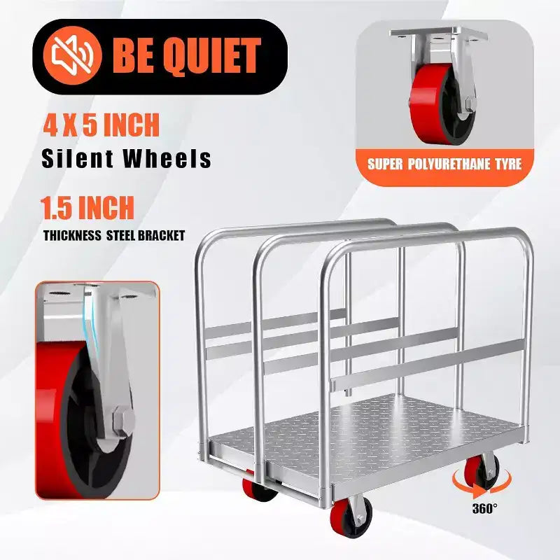 Chariot de transport 2-en-1, Diable en acier robuste de 1134 kg, Chariot de panneau 91x61 cm avec mains courantes 3/4 et roulettes pivotantes en caoutchouc pour le déménagement