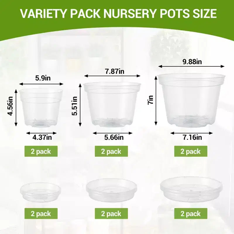 Pots de pépinière en plastique transparent avec trous de drainage - Jardinières transparentes en 3 tailles (6/8/10 pouces) pour la culture intérieure et extérieure