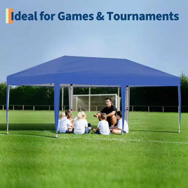 Tente de réception escamotable robuste 3x6m Pavillon extérieur imperméable avec 4 parois latérales et auvent, avec sacs à roulettes, piquets de sol et sacs de sable
