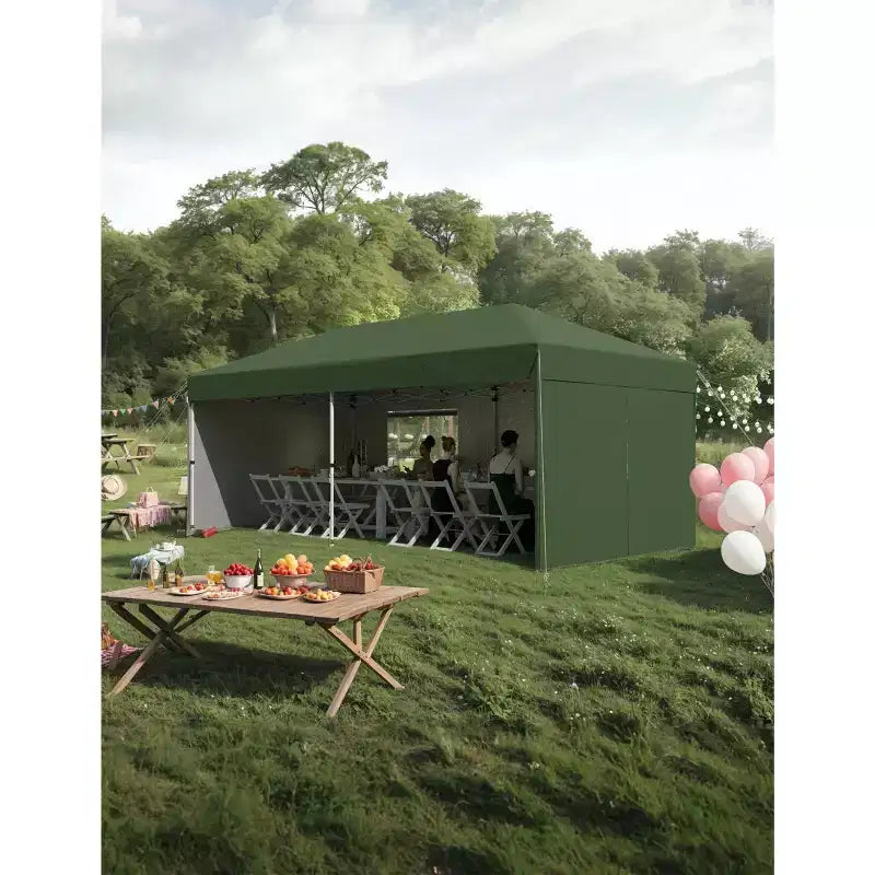 Tente de réception escamotable robuste 3x6m Pavillon extérieur imperméable avec 4 parois latérales et auvent, avec sacs à roulettes, piquets de sol et sacs de sable
