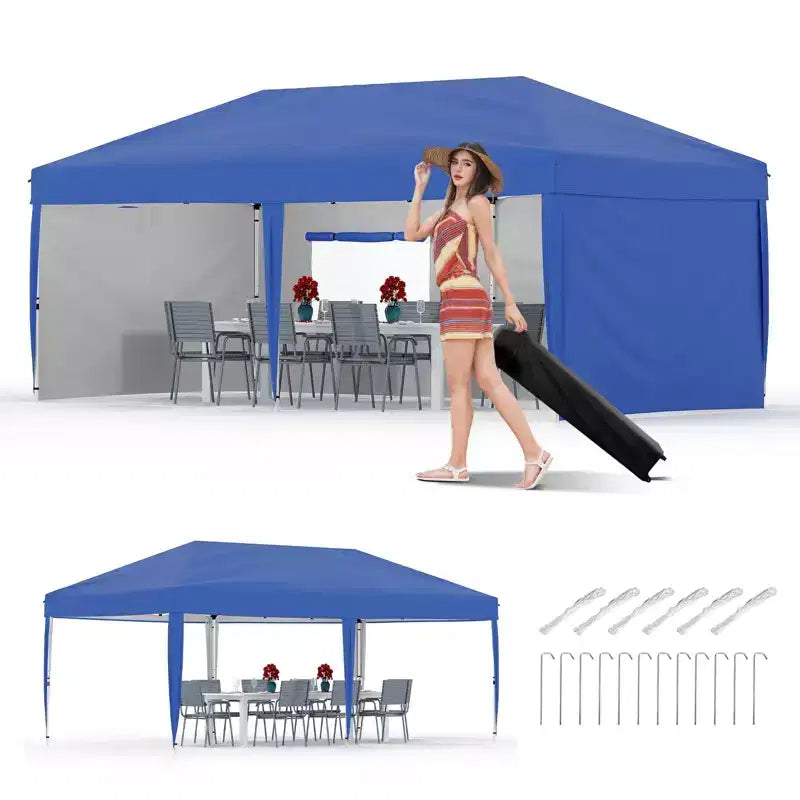 Tente de réception escamotable robuste 3x6m Pavillon extérieur imperméable avec 4 parois latérales et auvent, avec sacs à roulettes, piquets de sol et sacs de sable