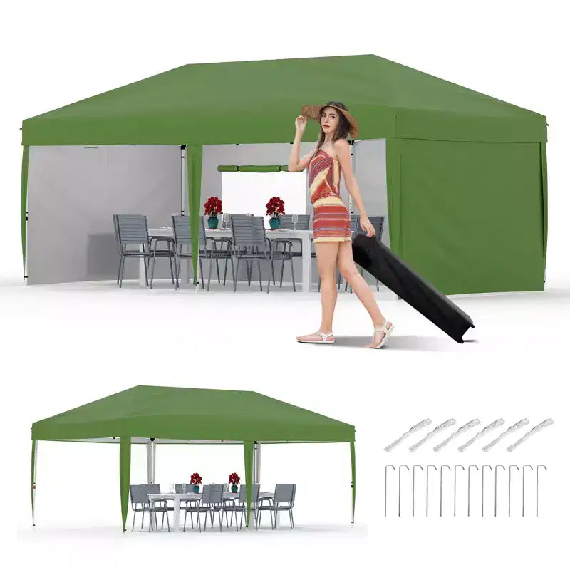Tente de réception escamotable robuste 3x6m Pavillon extérieur imperméable avec 4 parois latérales et auvent, avec sacs à roulettes, piquets de sol et sacs de sable