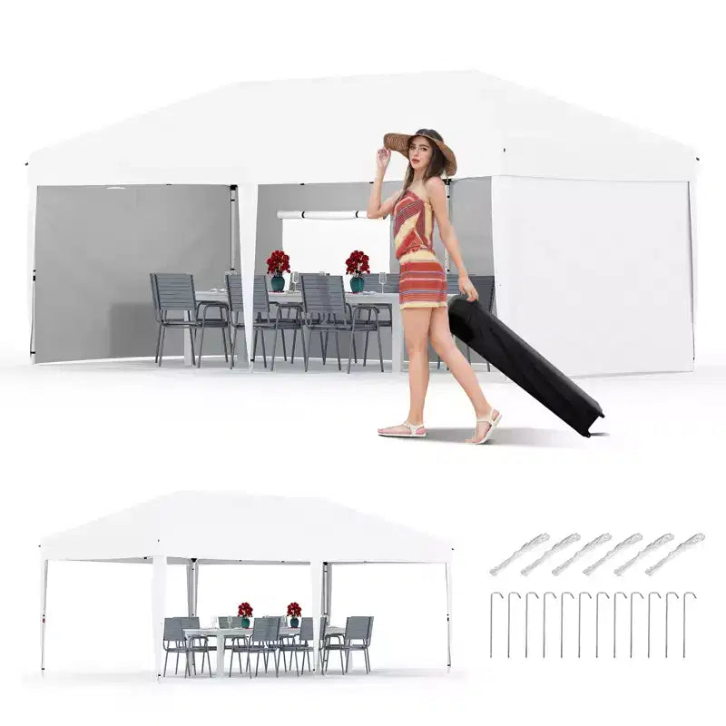 Tente de réception escamotable robuste 3x6m Pavillon extérieur imperméable avec 4 parois latérales et auvent, avec sacs à roulettes, piquets de sol et sacs de sable