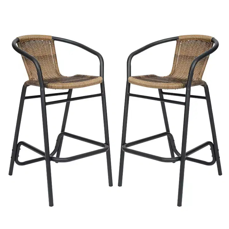 Lot de deux tabourets de bar de style restaurant avec assise en rotin PE pour utilisation intérieure/extérieure